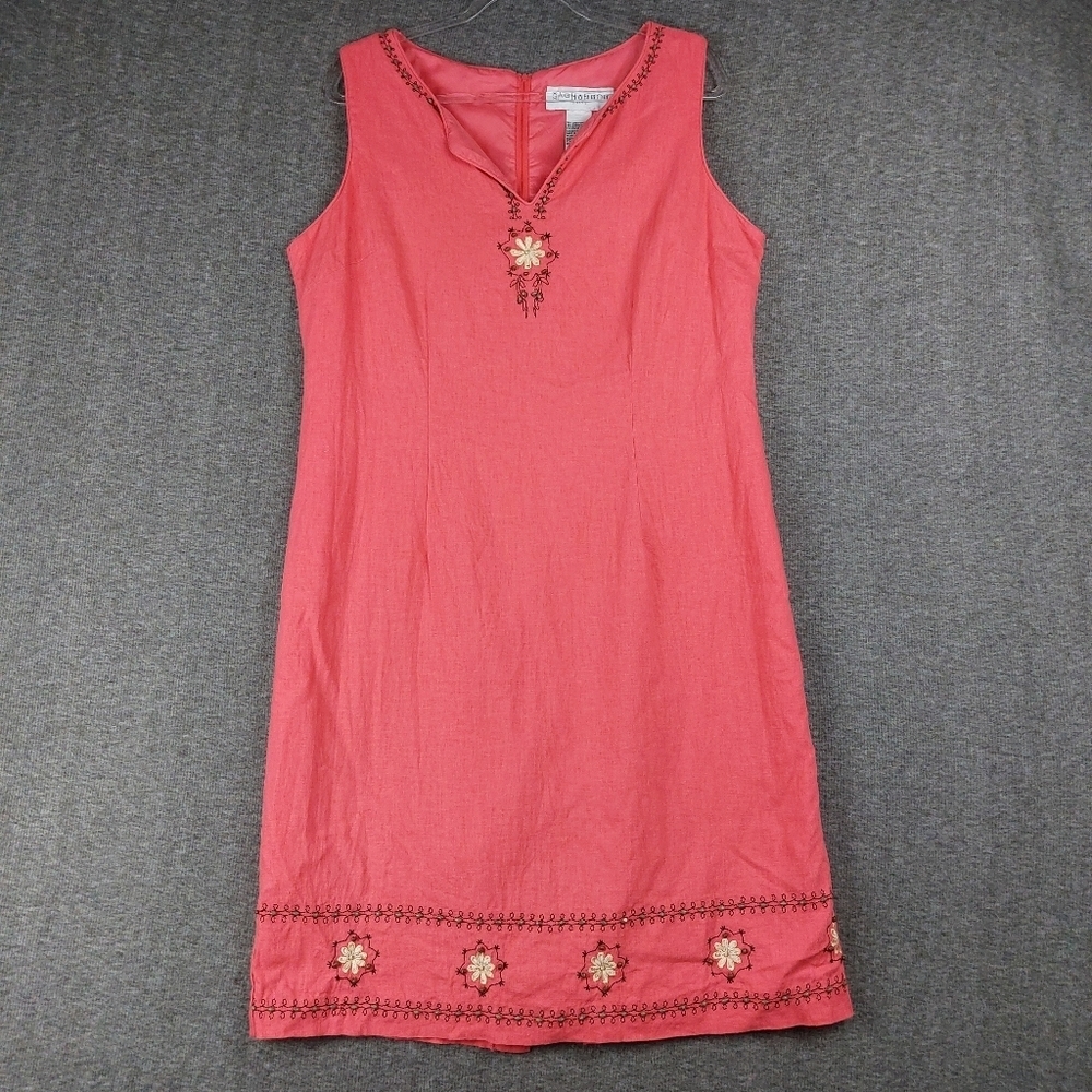 SAG HARBOR WOMENS PINK LINEN BLEND BEADED BOHEMIAN COASTAL BEACH DRESS SIZE 14